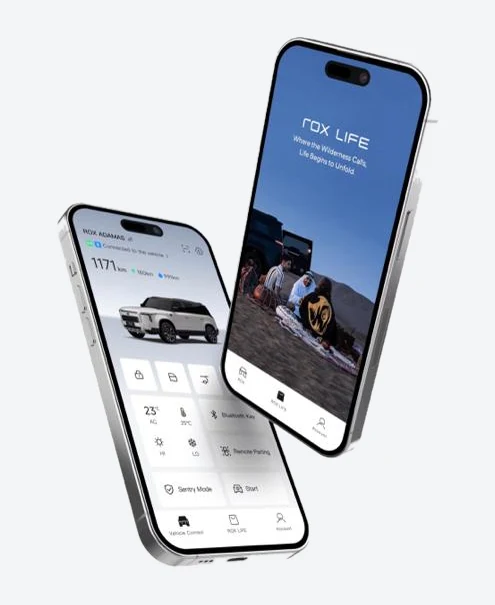 The ROX app on two phones — vehicle control and ROX LIFE